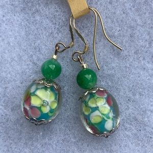 Green Jade & Floral Lampwork Bead Earrings